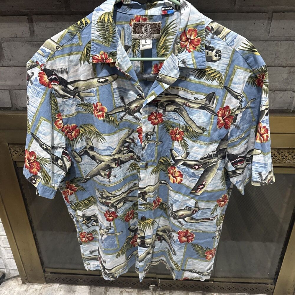 Kalaheo Hawaiian Shirt Men's Size Large WW2 Fighter Planes Print Made in USA